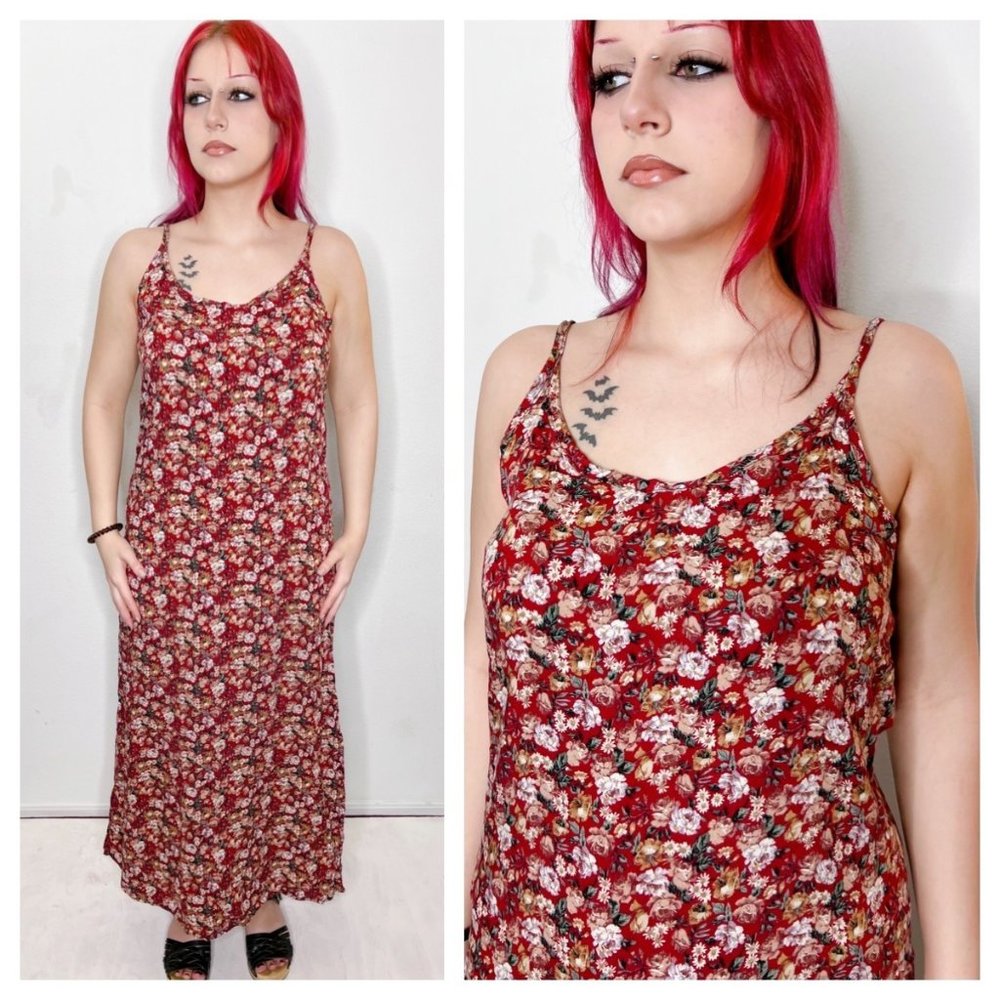 Floral Slip Maxi Dress in Burgundy Red